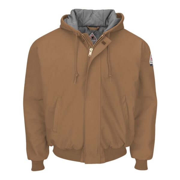 Men's Insulated Brown Duck Hooded Jacket with Knit Trim Thumbnail